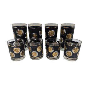 Vtg Libby Black & Gold Roman Coin Pattern Glasses Set Of 8